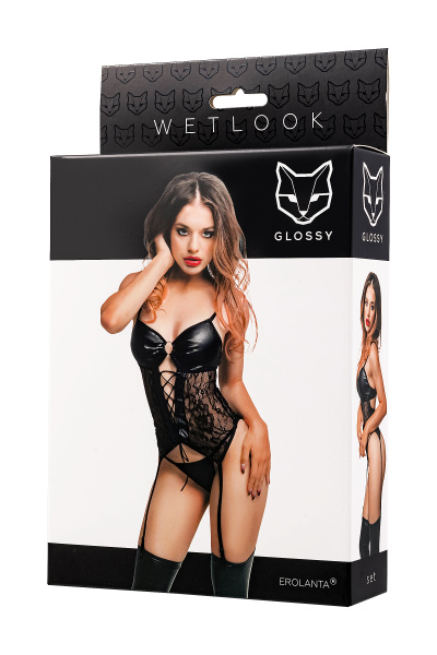 Комплект Glossy Miriam топ на шнуровке и трусики из материала Wetlook, черный, M